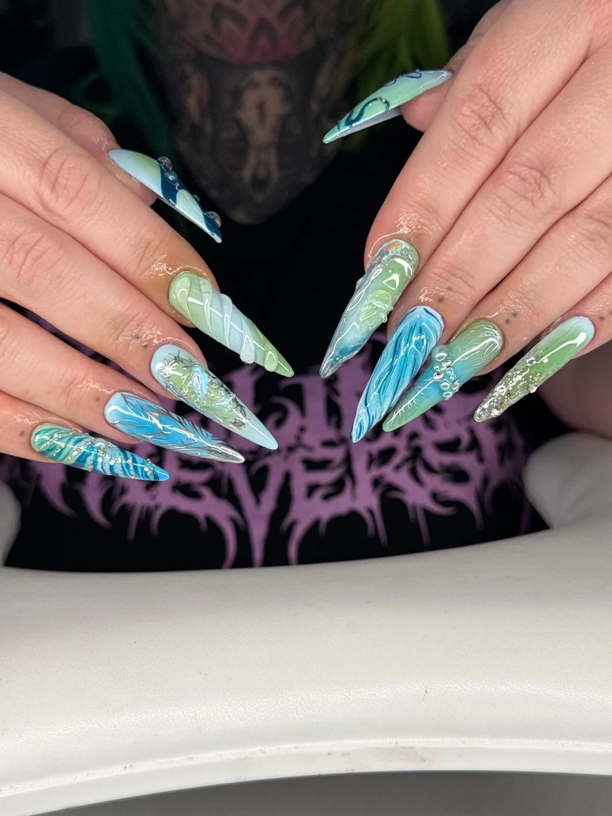 Stiletto-Set in Mint und Blau mit Marmor-Wirbeln